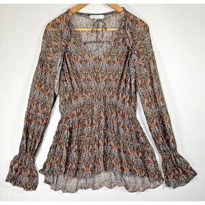 IRO Paris Womens 38 Janie Boho Peasant Blouse Brown Blue Abstract Print Viscose